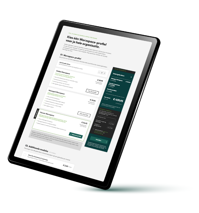 Werkplekconfigurator weergegeven op een tablet